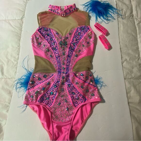 Glamour solo dance costume pink blue Feather rhinestone embellished leotard SA - Picture 3 of 12